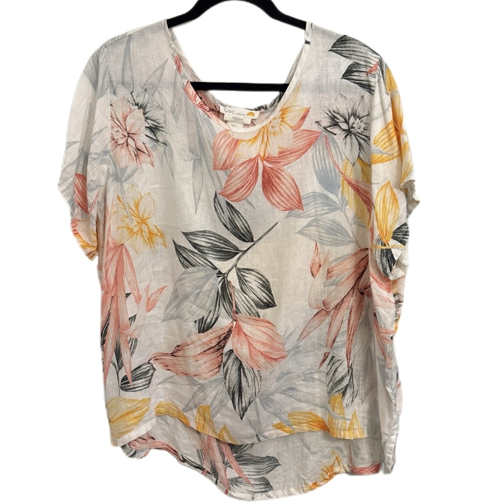 C&C California Short Sleeve Linen Tropical Top Off White Orange Yellow Size 2X